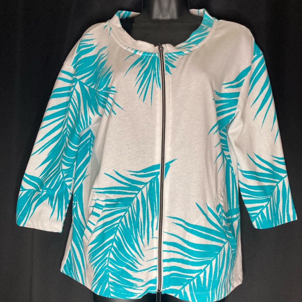 Onque Casual Teal & White tropical fern themed jacket M